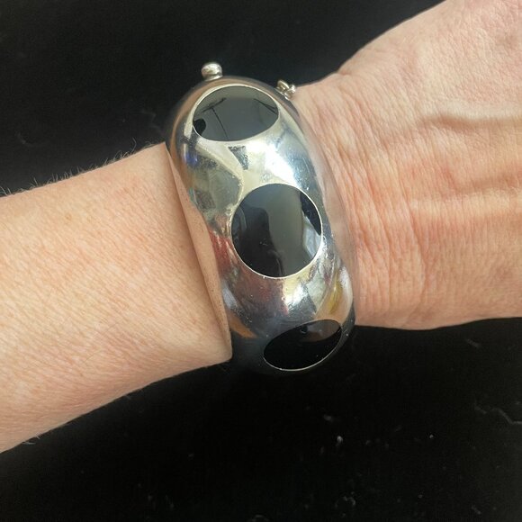 Taxco Jewelry - *RARE* Vintage Taxco Silver Bracelet Black Onyx Polka Dot Inlay